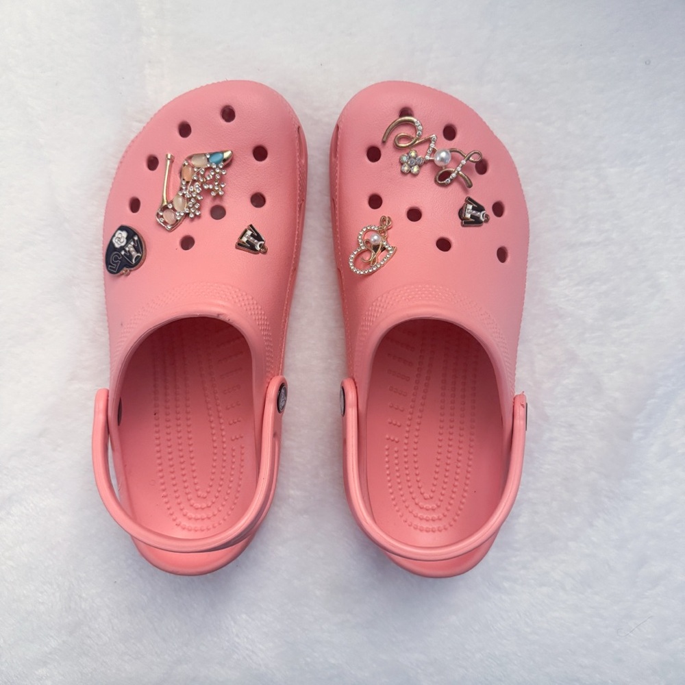 Women’s Coral-Pink Crocs with Charms